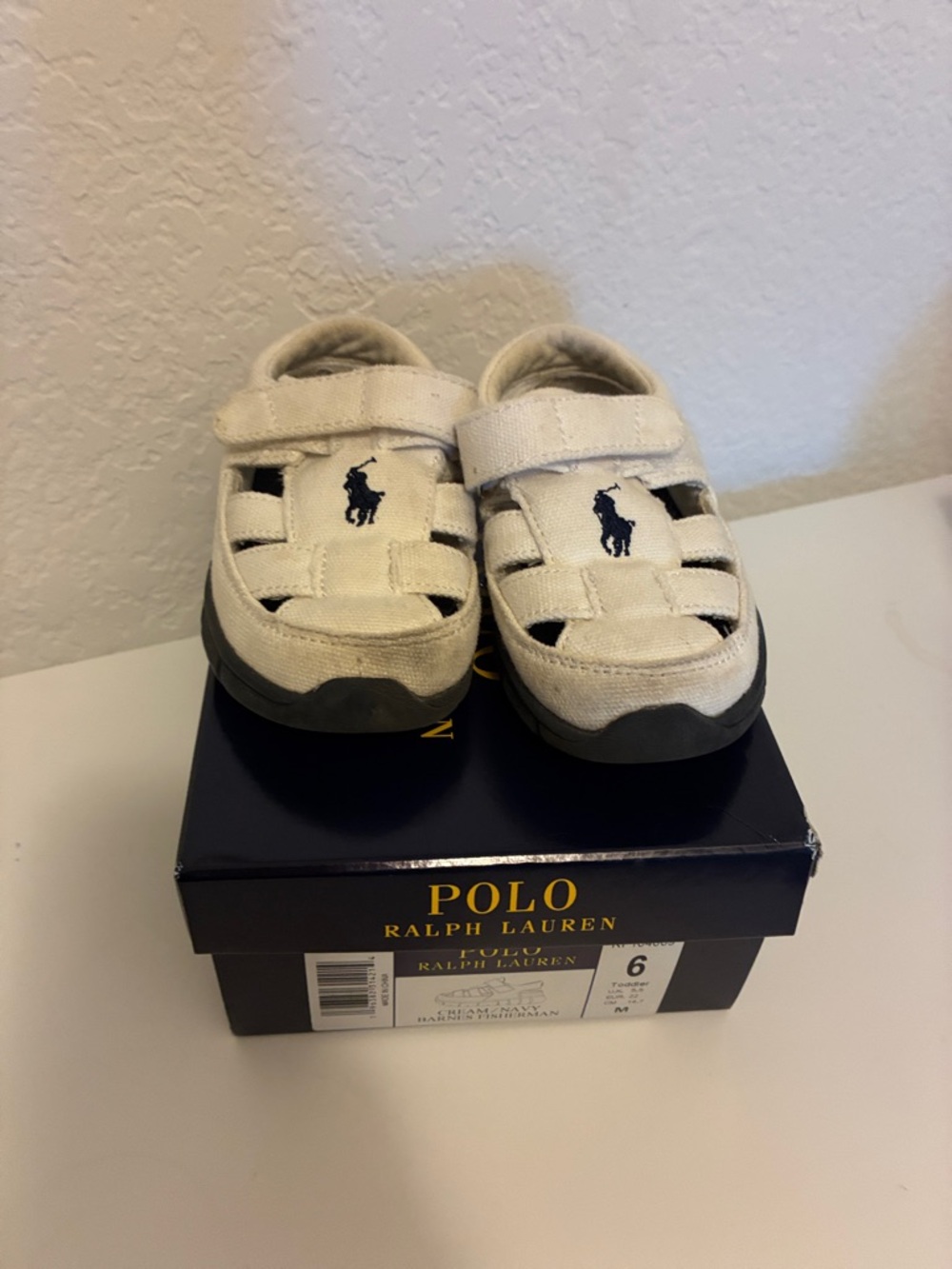 Polo by Ralph Lauren Kids Cream Canvas Fisherman Sandals with Navy Pony